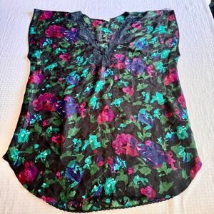 Lucie Ann II Vintage Floral‎ Lace Trim Nightgown Top Black Pink Teal Made in USA